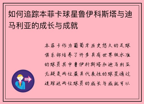 如何追踪本菲卡球星鲁伊科斯塔与迪马利亚的成长与成就